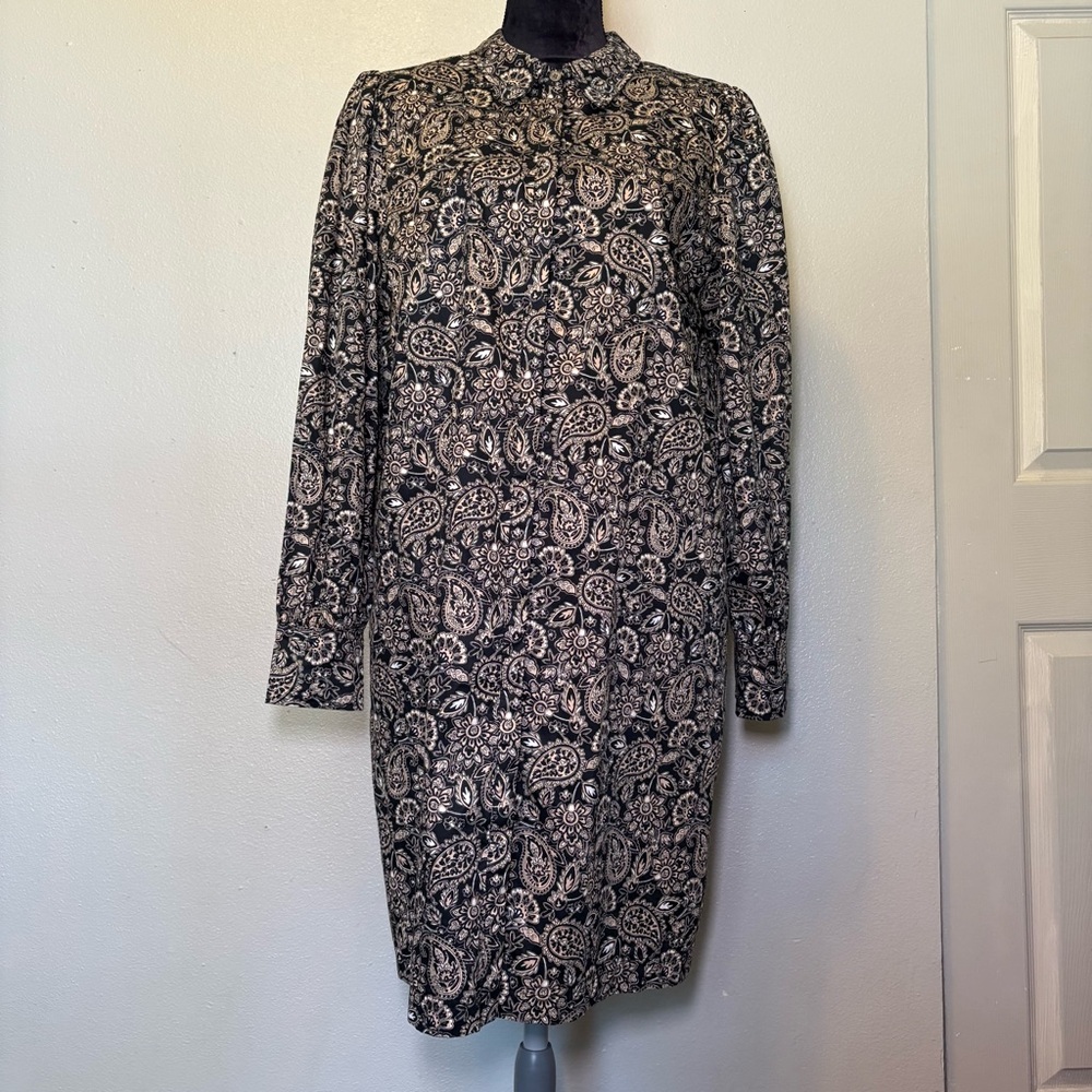 Boden Paisley Dress Black White 14 Long Shift Dress Long Sleeve Button Up Midi